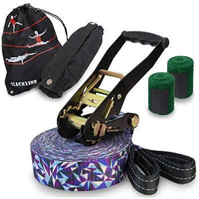 ALPIDEX Slackline Set 15 m + Protections pour Arbre et Protection cliquet, Convient aux Enfants, débutants et avancés ALPIDEX Slackline Set 15 m + Protections pour Arbre et Protection cliquet, Convient aux Enfants, débutants et avancés