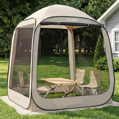 VEVOR Tente de camping, 182,88 x 182,88 x 219,4 cm, tente de réception pour 4 à 6 personnes, tente pop-up avec sac de transport, parois latérales en maille et piquets, pour jardin, terrasse et VEVOR Tente de camping, 182,88 x 182,88 x 219,4 cm, tente de réception pour 4 à 6 personnes, tente pop-up avec sac de transport, parois latérales en maille et piquets, pour jardin, terrasse et