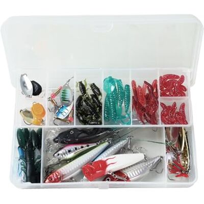 MOXYOY Lot de 120 leurres de pêche mélangés avec boîte de pêche, y compris des spinners, des hameçons triples, des hameçons simples, des émerillons, des pinces, des leurres souples, des appâts de pêche, des MOXYOY Lot de 120 leurres de pêche mélangés avec boîte de pêche, y compris des spinners, des hameçons triples, des hameçons simples, des émerillons, des pinces, des leurres souples, des appâts de pêche, des