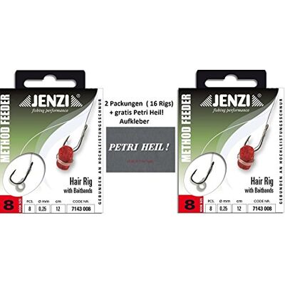 Jenzi Kit : 2 paquets (16 rigs) Method Feeder Hair Rig de avec bande en caoutchouc/Quick Stop, taille des crochets 8, 10, 12 – Longueur 12 cm + autocollant Petri Heil! gratuit (crochet en caoutchouc Jenzi Kit : 2 paquets (16 rigs) Method Feeder Hair Rig de avec bande en caoutchouc/Quick Stop, taille des crochets 8, 10, 12 – Longueur 12 cm + autocollant Petri Heil! gratuit (crochet en caoutchouc