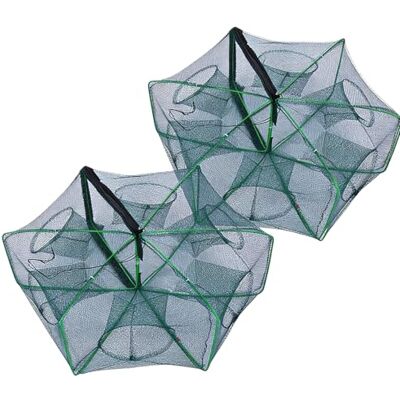 BAIFULAI Lot de 2 filets à poissons en nylon pliable à 6 trous pour attraper les anguilles, crabes, homards, crevettes et crabes BAIFULAI Lot de 2 filets à poissons en nylon pliable à 6 trous pour attraper les anguilles, crabes, homards, crevettes et crabes