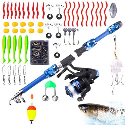 Aicharynic Ensemble de pêche pour enfants, canne à pêche et moulinet pour enfants, puissance moyenne, ligne 4,5 kg, bleu, moulinet à rotation, canne télescopique, ensemble d'appâts, parfait pour les Aicharynic Ensemble de pêche pour enfants, canne à pêche et moulinet pour enfants, puissance moyenne, ligne 4,5 kg, bleu, moulinet à rotation, canne télescopique, ensemble d'appâts, parfait pour les