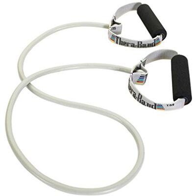 Theraband Thera-Band Professional Latex Resistance Tubing with Handles For Upper-Body Exercise, Rehab and Conditioning, Soft Handles, 50 Inch, Silver, Super Heavy, Advanced Level 2 Theraband Thera-Band Professional Latex Resistance Tubing with Handles For Upper-Body Exercise, Rehab and Conditioning, Soft Handles, 50 Inch, Silver, Super Heavy, Advanced Level 2