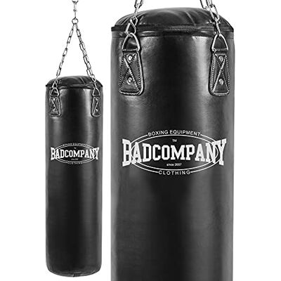 Bad Company Sac de frappe avec chaîne en acier robuste à quatre points, sac de frappe en vinyle, rempli/vide, 80/100/120/150/180 x 35 cm, noir Bad Company Sac de frappe avec chaîne en acier robuste à quatre points, sac de frappe en vinyle, rempli/vide, 80/100/120/150/180 x 35 cm, noir