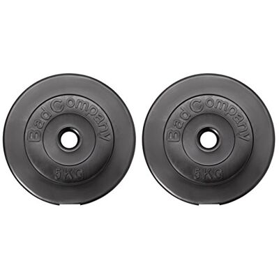 Bad Company Disques d'haltères en plastique 30/31 mm 2 x 5 kg I Poids 5 kg par paire I Poids pour haltères et haltères courts Bad Company Disques d'haltères en plastique 30/31 mm 2 x 5 kg I Poids 5 kg par paire I Poids pour haltères et haltères courts