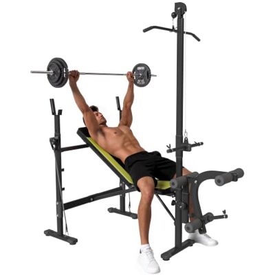 HOMCOM Banc de Musculation Traction Dossier Réglable Curler Noir Jaune Entrainement Complet, Cordes, Supports Barre et Haltères HOMCOM Banc de Musculation Traction Dossier Réglable Curler Noir Jaune Entrainement Complet, Cordes, Supports Barre et Haltères