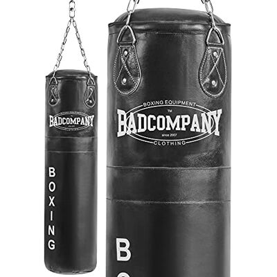 Bad Company Sac de frappe avec chaîne en acier robuste à quatre points I Sac perforateur en cuir rempli / non rempli I 80/100/120/150/180 x 35 cm Noir Bad Company Sac de frappe avec chaîne en acier robuste à quatre points I Sac perforateur en cuir rempli / non rempli I 80/100/120/150/180 x 35 cm Noir