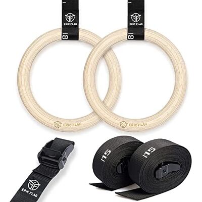 Eric Flag Anneaux de gymnastique olympiques en bois de 28 mm Charge maximale de 300 kg Sangles de suspension réglables avec marquages pour calisthénique, gymnastique, crossfit, intérieur/extérieur Eric Flag Anneaux de gymnastique olympiques en bois de 28 mm Charge maximale de 300 kg Sangles de suspension réglables avec marquages pour calisthénique, gymnastique, crossfit, intérieur/extérieur