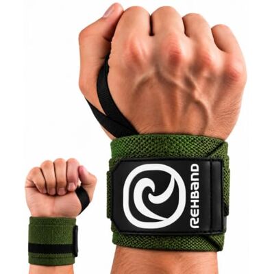 Rehband 1 paire de bandages de poignet pour entraînement de force 45 cm, confortable et stabilisateur de poignet, couleur vert militaire, taille unique Rehband 1 paire de bandages de poignet pour entraînement de force 45 cm, confortable et stabilisateur de poignet, couleur vert militaire, taille unique