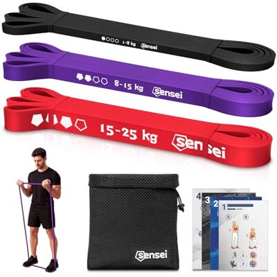 Sensei Gommes de résistance (1-25 kg) – Bandes d'entraînement pour la rééducation et l'échauffement – Plan d'entraînement, Ebook et sac – Lot de 3 Sensei Gommes de résistance (1-25 kg) – Bandes d'entraînement pour la rééducation et l'échauffement – Plan d'entraînement, Ebook et sac – Lot de 3