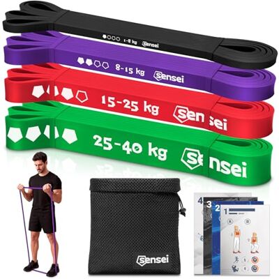 Sensei Lot de 3 à 5 bandes de résistance avec différents niveaux de résistance pour yoga, Pilates, rééducation, fitness, caoutchouc de sport Sensei Lot de 3 à 5 bandes de résistance avec différents niveaux de résistance pour yoga, Pilates, rééducation, fitness, caoutchouc de sport