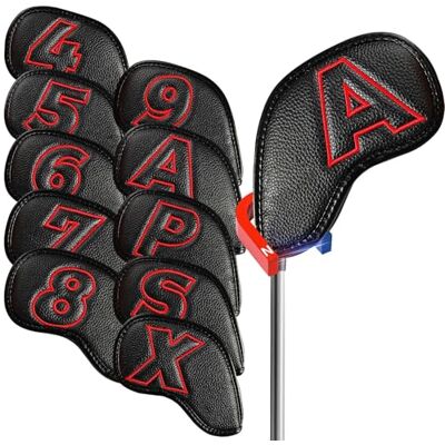 IUVYTA Lot de 10 housses de protection pour fer de golf avec fermeture magnétique solide, double face en cuir synthétique (noir rouge) IUVYTA Lot de 10 housses de protection pour fer de golf avec fermeture magnétique solide, double face en cuir synthétique (noir rouge)