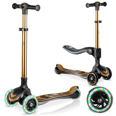Nukido Trottinette pour enfant Trottinette à trois roues avec siège Planche lumineuse Roues LED Jusqu'à 50 kg Doré/noir Nukido Trottinette pour enfant Trottinette à trois roues avec siège Planche lumineuse Roues LED Jusqu'à 50 kg Doré/noir