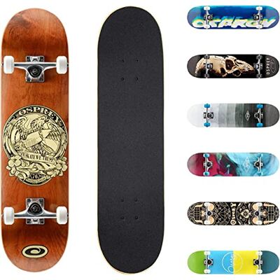Osprey Skateboard complet 78,7 x 20,3 cm Double Kick Pour enfants et adultes Planche concave Avec bande antidérapante Planche et roues Plusieurs modèles Osprey Skateboard complet 78,7 x 20,3 cm Double Kick Pour enfants et adultes Planche concave Avec bande antidérapante Planche et roues Plusieurs modèles