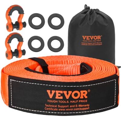 VEVOR Kit de récupération de sangle de remorquage robuste de 7,6 cm x 9,1 m (MBS-16,3 kg), boucle triple renforcée, manchons de protection et sac de rangement, manilles à anneau en D de 1,9 cm, pour VEVOR Kit de récupération de sangle de remorquage robuste de 7,6 cm x 9,1 m (MBS-16,3 kg), boucle triple renforcée, manchons de protection et sac de rangement, manilles à anneau en D de 1,9 cm, pour