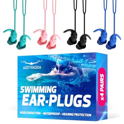 AqtivAqua Bouchons d'oreille pour la natation – 4 paires (4 couleurs) bouchons d'oreille de natation en silicone souple, étanches et confortables, ajustement sécurisé pour le surf, la plongée avec AqtivAqua Bouchons d'oreille pour la natation – 4 paires (4 couleurs) bouchons d'oreille de natation en silicone souple, étanches et confortables, ajustement sécurisé pour le surf, la plongée avec