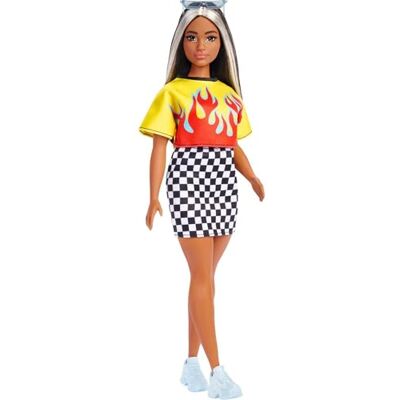 Barbie Fashionistas poupée Mannequin #179 aux Longs Cheveux méchés, Jupe à Carreaux, Crop Top Motif Flammes, Lunettes et Baskets, Jouet Enfant, HBV13 Barbie Fashionistas poupée Mannequin #179 aux Longs Cheveux méchés, Jupe à Carreaux, Crop Top Motif Flammes, Lunettes et Baskets, Jouet Enfant, HBV13