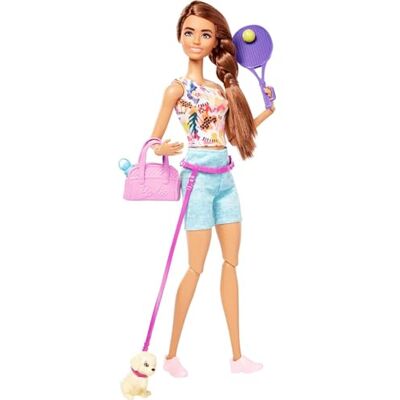 Barbie Poupée, jouets pour enfants, poupée brune avec chiot pour animal de compagnie, ensembles, thème d'entraînement avec accessoires, série auto-soins, patins à roulettes et tennis, HKT91 Barbie Poupée, jouets pour enfants, poupée brune avec chiot pour animal de compagnie, ensembles, thème d'entraînement avec accessoires, série auto-soins, patins à roulettes et tennis, HKT91