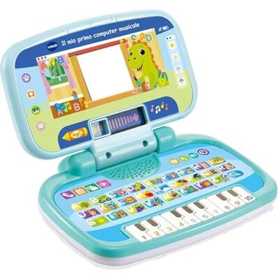 VTech Mon premier ordinateur de musique, ordinateur interactif pour enfants, ordinateur avec 4 applications/jeux, poignée pratique, jeu enfant avec clavier ABC, langue italienne, piles incluses, 2-5 VTech Mon premier ordinateur de musique, ordinateur interactif pour enfants, ordinateur avec 4 applications/jeux, poignée pratique, jeu enfant avec clavier ABC, langue italienne, piles incluses, 2-5