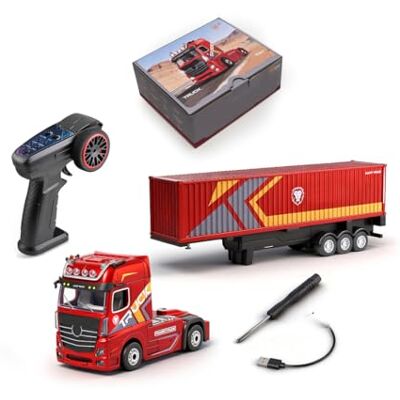 ExPrismarx Modèle de camion conteneur télécommandé, échelle 1/64, 2,4 GHz 4 roues motrices, direction proportionnelle avec contrôle indépendant de la remorque, mode croisière, vitesses à 3 vitesses ExPrismarx Modèle de camion conteneur télécommandé, échelle 1/64, 2,4 GHz 4 roues motrices, direction proportionnelle avec contrôle indépendant de la remorque, mode croisière, vitesses à 3 vitesses