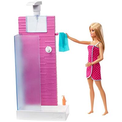 Barbie Ensemble poupée et meuble, salle de bain avec douche de travail Barbie Ensemble poupée et meuble, salle de bain avec douche de travail