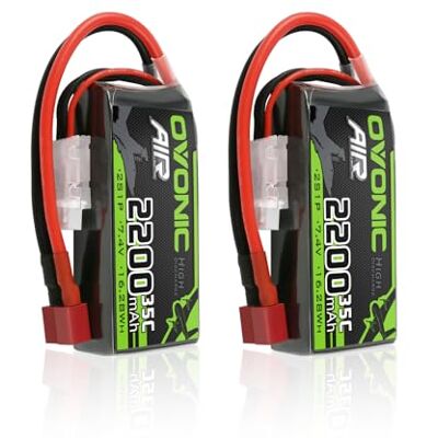 OVONIC Lot de 2 batteries Lipo 2S 35 C (rafale 70 C) 2200 mAh 7,4 V avec connecteur en T de style Dean pour drone de course RC avion, hélicoptère, quadrirotor FPV OVONIC Lot de 2 batteries Lipo 2S 35 C (rafale 70 C) 2200 mAh 7,4 V avec connecteur en T de style Dean pour drone de course RC avion, hélicoptère, quadrirotor FPV