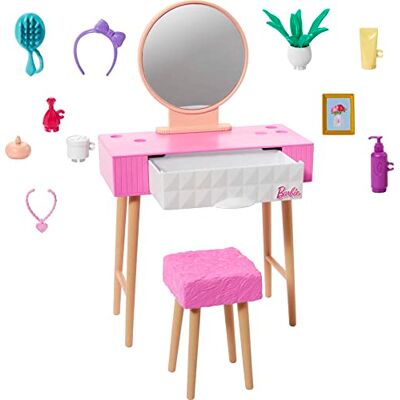 Barbie Mobilier HJV35 Ensemble mobilier décoration de Maison de poupée thème de vanité, Miroir, Tabouret et Produits de beauté Barbie Mobilier HJV35 Ensemble mobilier décoration de Maison de poupée thème de vanité, Miroir, Tabouret et Produits de beauté