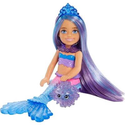 Barbie Sirène Power Chelsea Poupée de Sirène (Cheveux Bleus et Violets) avec 2 Animaux, un Coffre au Trésor et Accessoires, Jouet pour Enfant 3 Ans et Plus, HHG57 Barbie Sirène Power Chelsea Poupée de Sirène (Cheveux Bleus et Violets) avec 2 Animaux, un Coffre au Trésor et Accessoires, Jouet pour Enfant 3 Ans et Plus, HHG57