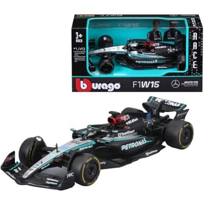 Bburago Formule 1 Mercedes-AMG Petronas F1 W15 Team (2024) : modèle de voiture à l'échelle 1/43, de pilote #63 George Russell, Window Box, 12,5 cm, noir argent (18-38208R) Bburago Formule 1 Mercedes-AMG Petronas F1 W15 Team (2024) : modèle de voiture à l'échelle 1/43, de pilote #63 George Russell, Window Box, 12,5 cm, noir argent (18-38208R)
