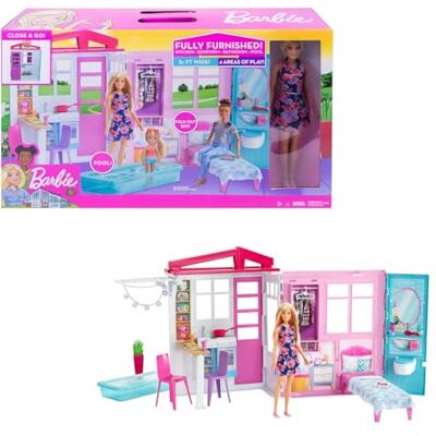 Barbie Maison avec cuisine, chambre à coucher, salle de bain, piscine, meubles entièrement meublés, verrouillable avec poignée de rangement, poupées, cadeaux pour enfants à partir de 3 ans, GWY84 Barbie Maison avec cuisine, chambre à coucher, salle de bain, piscine, meubles entièrement meublés, verrouillable avec poignée de rangement, poupées, cadeaux pour enfants à partir de 3 ans, GWY84