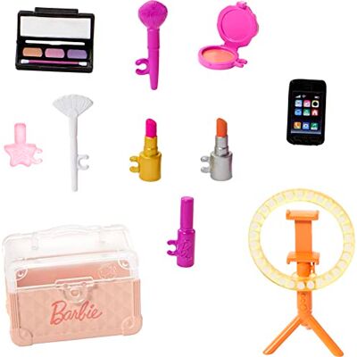 Barbie Makeup Tutorial Accessories Set with 12 Storytelling Toy Pieces Including Mini Case, Lipsticks, Ring Light & More Barbie Makeup Tutorial Accessories Set with 12 Storytelling Toy Pieces Including Mini Case, Lipsticks, Ring Light & More