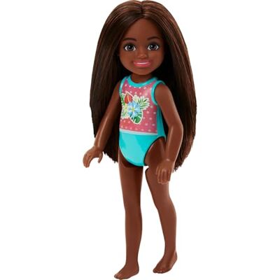Barbie Chelsea Petite poupée en maillot de bain avec rayures et imprimé floral, cheveux bruns et yeux bruns Barbie Chelsea Petite poupée en maillot de bain avec rayures et imprimé floral, cheveux bruns et yeux bruns
