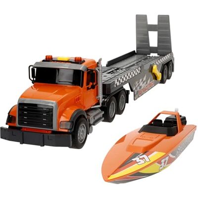 COLORBABY Speed & Go 39296 Camion remorque de jeu avec bateau, système de friction, échelle 1:14, lumières et sons, jouets enfants 3 ans, grands camions COLORBABY Speed & Go 39296 Camion remorque de jeu avec bateau, système de friction, échelle 1:14, lumières et sons, jouets enfants 3 ans, grands camions