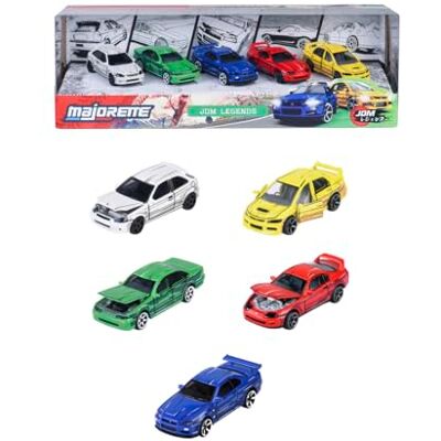Majorette , JDM Leyends Lot de 5 voitures (Honda, Nissan, Toyota, Mitsubishi), métal, échelle 1:64, 7,5 cm, roue libre, boîte décorée, licence officielle, 3 ans (8504105000) Majorette , JDM Leyends Lot de 5 voitures (Honda, Nissan, Toyota, Mitsubishi), métal, échelle 1:64, 7,5 cm, roue libre, boîte décorée, licence officielle, 3 ans (8504105000)