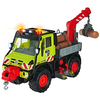 Dickie Toys Unimog Chariot à bois avec treuil électrique et bras de grue avec commande joystick, avec son et lumière, pour enfants à partir de 3 ans Dickie Toys Unimog Chariot à bois avec treuil électrique et bras de grue avec commande joystick, avec son et lumière, pour enfants à partir de 3 ans