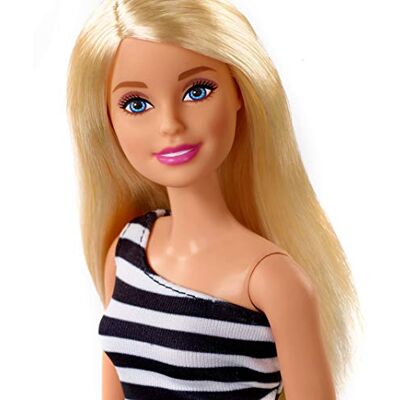 Barbie Fashionistas Poupée Mannequin Blonde avec Robe Rayée Noire Et Blanche et Talons Hauts Gris, Jouet pour Enfant, FXL68 Barbie Fashionistas Poupée Mannequin Blonde avec Robe Rayée Noire Et Blanche et Talons Hauts Gris, Jouet pour Enfant, FXL68