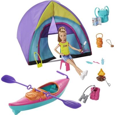 Barbie Famille Coffret Stacie en camping, poupée blonde, tente, kayak et plus de 15 accessoires inclus, jouet pour enfant, GJB58 Barbie Famille Coffret Stacie en camping, poupée blonde, tente, kayak et plus de 15 accessoires inclus, jouet pour enfant, GJB58