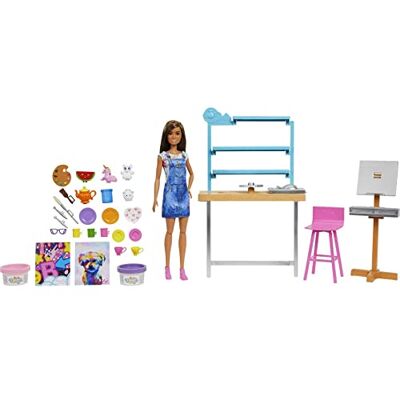 Barbie Bien-être Coffret Atelier d'art créer et se détendre, avec poupée, pâte à Modeler et Accessoires, Jouet pour Enfant, HCM85 Barbie Bien-être Coffret Atelier d'art créer et se détendre, avec poupée, pâte à Modeler et Accessoires, Jouet pour Enfant, HCM85