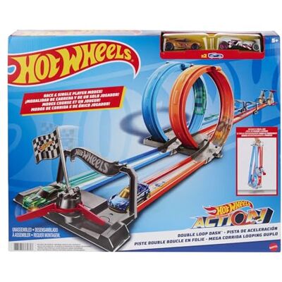 Hot Wheels Double course à pied, piste droite avec grandes loopings et 2 Toy Cars (échelle 1:64), pour enfants de 5 à 10 ans, GFH85 Hot Wheels Double course à pied, piste droite avec grandes loopings et 2 Toy Cars (échelle 1:64), pour enfants de 5 à 10 ans, GFH85