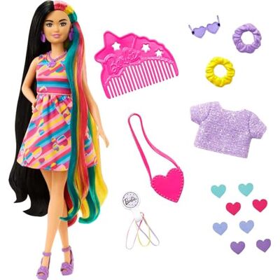 Barbie Poupée Ultra Chevelure Thème Cœurs, Mince, 21,6 cm, avec Cheveux Fantaisie, Robe, 15 Accessoires de Coiffure et de Mode (8 avec Changement de Couleur) ; pour Enfants à partir de 3 Ans, HCM90 Barbie Poupée Ultra Chevelure Thème Cœurs, Mince, 21,6 cm, avec Cheveux Fantaisie, Robe, 15 Accessoires de Coiffure et de Mode (8 avec Changement de Couleur) ; pour Enfants à partir de 3 Ans, HCM90