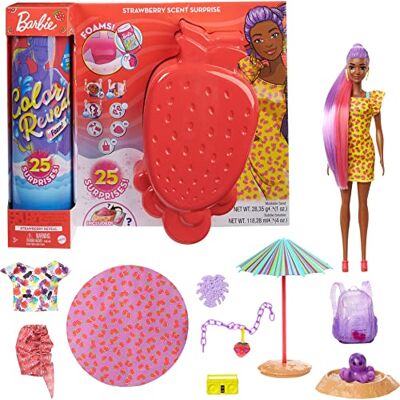 Barbie Color Reveal avec Mousse parfumée, poupée et animal avec 25 éléments mystère dont 19 sachets surprise, Thème Fraise, jouet pour enfant, GTN18 Barbie Color Reveal avec Mousse parfumée, poupée et animal avec 25 éléments mystère dont 19 sachets surprise, Thème Fraise, jouet pour enfant, GTN18