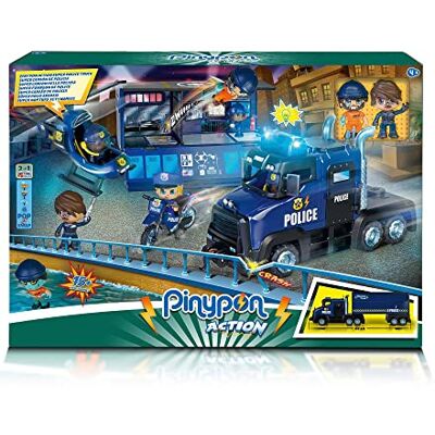 Pinypon Action Super camion de police, véhicule jouet avec lumières 3 en 1, conteneur et scène de jeu, 1 moto, 1 mini hélicoptère, 2 chiffres, police et prisonnier et accessoires, Célèbre Pinypon Action Super camion de police, véhicule jouet avec lumières 3 en 1, conteneur et scène de jeu, 1 moto, 1 mini hélicoptère, 2 chiffres, police et prisonnier et accessoires, Célèbre