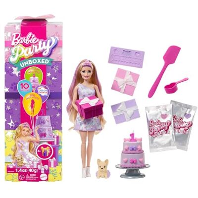 Barbie Party Unboxed JFG70 Poupée et accessoires d'anniversaire pour animaux de compagnie avec 10 surprises avec effet changeant de couleur et décoration de gâteau Barbie Party Unboxed JFG70 Poupée et accessoires d'anniversaire pour animaux de compagnie avec 10 surprises avec effet changeant de couleur et décoration de gâteau