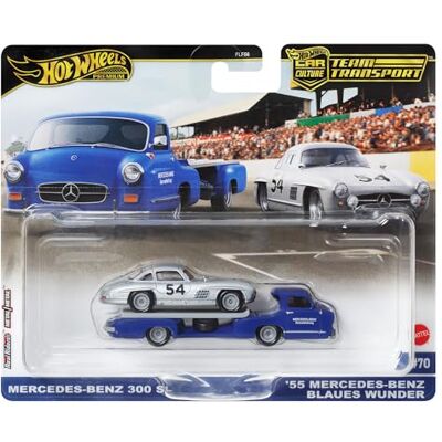 Hot Wheels Team Transport Culture Voitures moulées sous pression, Mercedes-Benz 300 SL, MB Blaues Wunder Camion à plateau 1:64 Hot Wheels Team Transport Culture Voitures moulées sous pression, Mercedes-Benz 300 SL, MB Blaues Wunder Camion à plateau 1:64