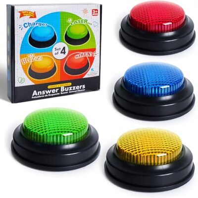 Right 20 Lot de 4 buzzers de réponses Jouet interactif pour salle de classe et famille avec 4 effets sonores et lumières Right 20 Lot de 4 buzzers de réponses Jouet interactif pour salle de classe et famille avec 4 effets sonores et lumières