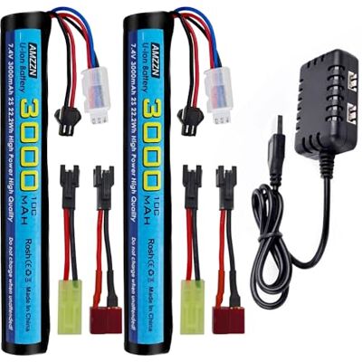 AMZZN Lot de 2 batteries Li-ion 7,4 V 10 C 3000 mAh SM-2P avec chargeur 2 en 1 pour SRB1200 SRB400 SRB400-SUB MP5K M4 M110 Airsoft Gel Water Droplet Blaster, RC Car Drone Backup Battery AMZZN Lot de 2 batteries Li-ion 7,4 V 10 C 3000 mAh SM-2P avec chargeur 2 en 1 pour SRB1200 SRB400 SRB400-SUB MP5K M4 M110 Airsoft Gel Water Droplet Blaster, RC Car Drone Backup Battery