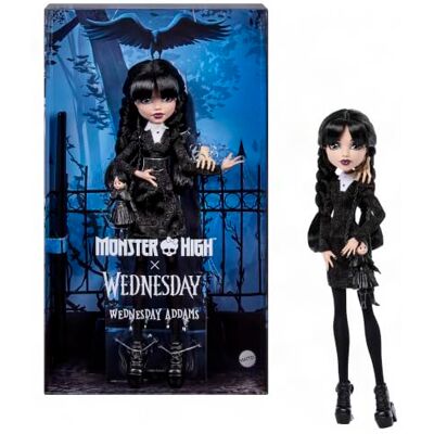 Monster Cable x Wednesday Addams poupée en robe noire Poupée de collection Mercredi en robe à col, bas assortis, accessoires Thing et sac, socle, JNJ91 Monster Cable x Wednesday Addams poupée en robe noire Poupée de collection Mercredi en robe à col, bas assortis, accessoires Thing et sac, socle, JNJ91