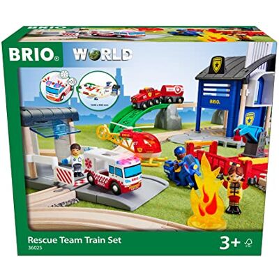 Brio Ensemble de secours de luxe World 36025 Police and Fire Set Grand kit de secours avec poste de police, train de pompiers, hélicoptère de pompiers et ambulance Brio Ensemble de secours de luxe World 36025 Police and Fire Set Grand kit de secours avec poste de police, train de pompiers, hélicoptère de pompiers et ambulance