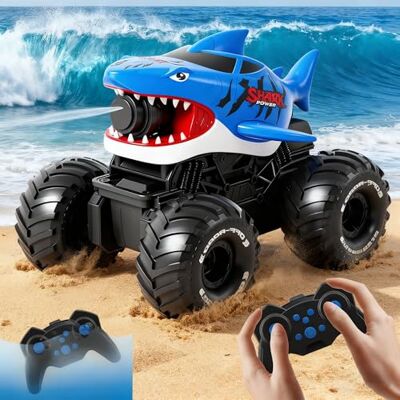 HUAJUN Voiture télécommandée amphibie avec pistolet à eau, 4 roues motrices, rotation à 360°, 2,4 GHz, étanche, voiture cascade, en forme de requin, jouet rechargeable, cadeau pour enfants, garçons et HUAJUN Voiture télécommandée amphibie avec pistolet à eau, 4 roues motrices, rotation à 360°, 2,4 GHz, étanche, voiture cascade, en forme de requin, jouet rechargeable, cadeau pour enfants, garçons et