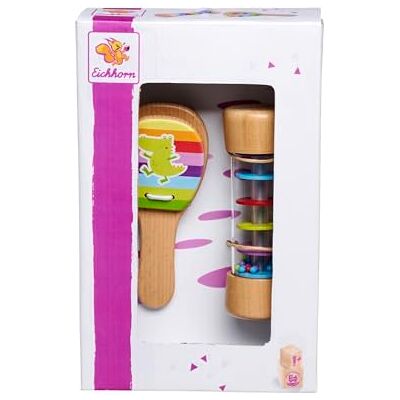 Eichhorn 100003491 Hochet composé d'un rainmaker et d'une castagnette, jouet musical coloré fabriqué en bois de hêtre 100 % certifié FSC, à partir de 2 ans Eichhorn 100003491 Hochet composé d'un rainmaker et d'une castagnette, jouet musical coloré fabriqué en bois de hêtre 100 % certifié FSC, à partir de 2 ans